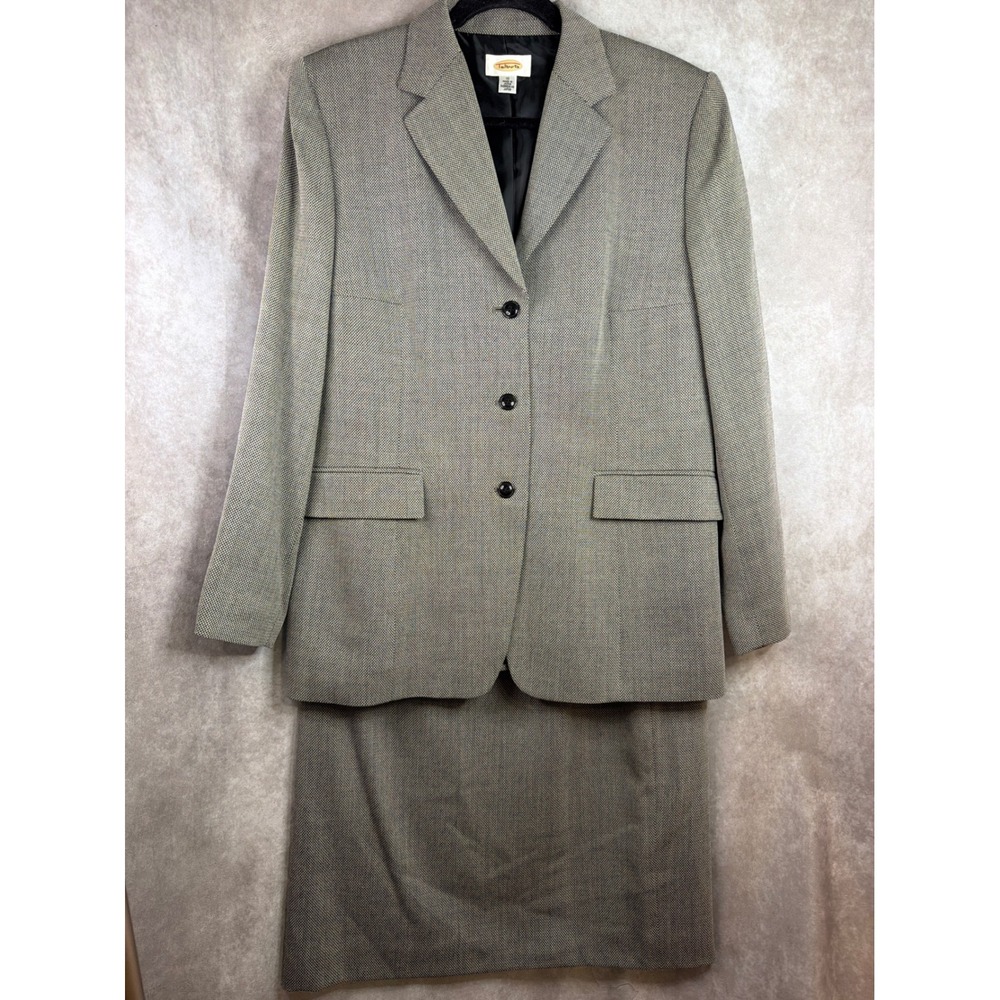 Talbots Skirt Suit 16 Black White Herringbone Blazer Pencil Skirt Set 100% Wool